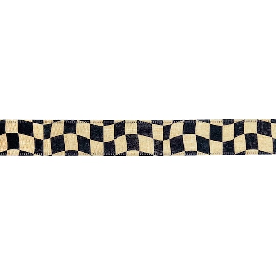 1.5" x 10yd. Wavy Black Check Wired Faux Linen Ribbon by Celebrate It®